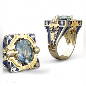 Unique blue Synthetic Gemstone and gold tone ring / lSize 9